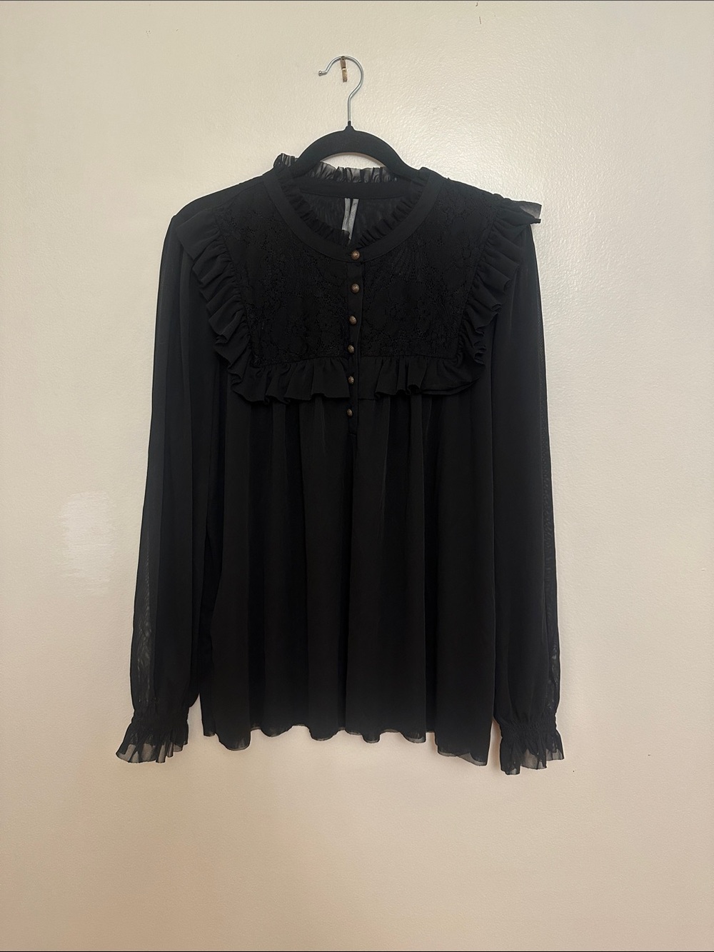 Anthropologie  Black Ruffle Lace Yoke Blouse XL